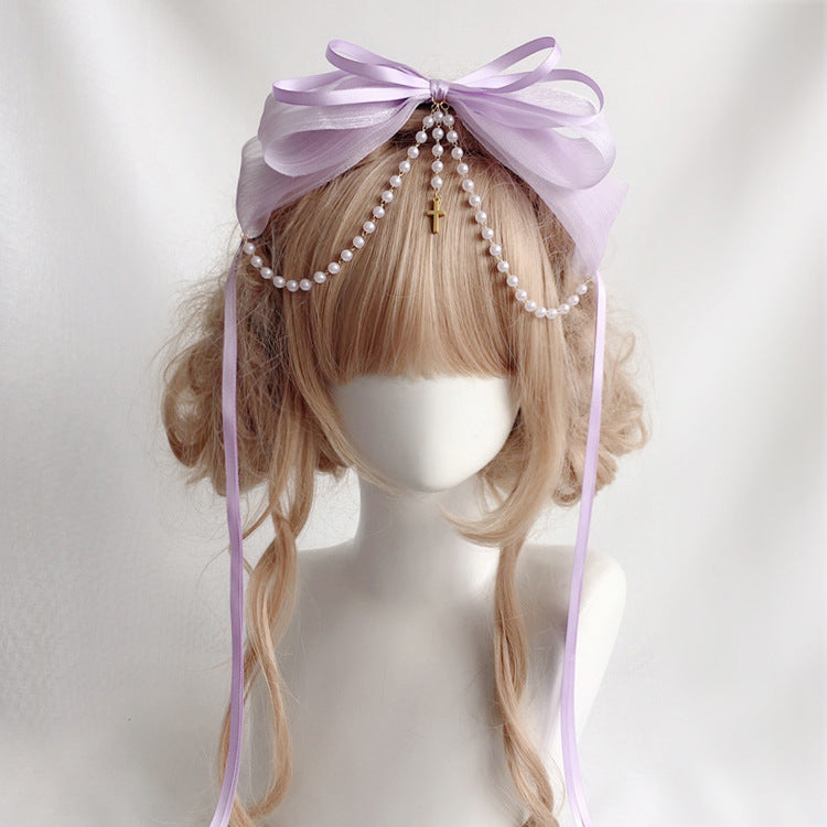 Original Handmade Lolita Double Layer Bow Ribbon Headband Lolita Pearl Cross Pendant Headband Hair Accessory