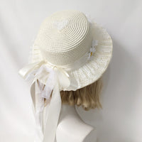 Kekejiang Handmade Workshop - Daisy Bow - Straw Hat with Lace Trim - Off-white Bowknot Daisy Straw Hat / Size M (One Size Fits All for Adults)