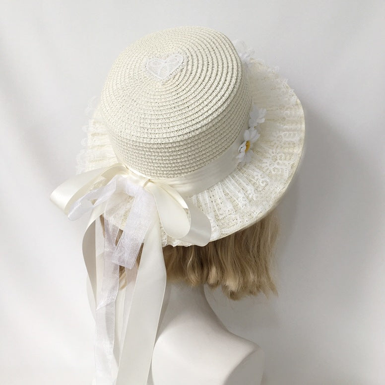 Original Handmade Lolita White Chrysanthemum Straw Hat with Bow Ribbon Sun Hat Sweet Fairy Ancient Style Outing Pastoral Hat