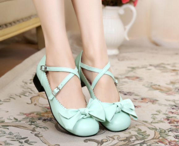 Sosic - Bow and Low Heel Cross Band Lolita - Leather Shoes Shoes
