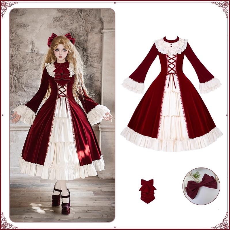 The Nutcracker - Winter Classic Lolita OP Dress, Front Opening Red OP + Red Jabot + Burgundy Bow S