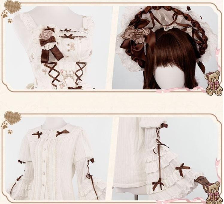 OCELOT - Antique Teddy Bear - Classic Lolita Printed JSK Dress with Ribbon Bows
