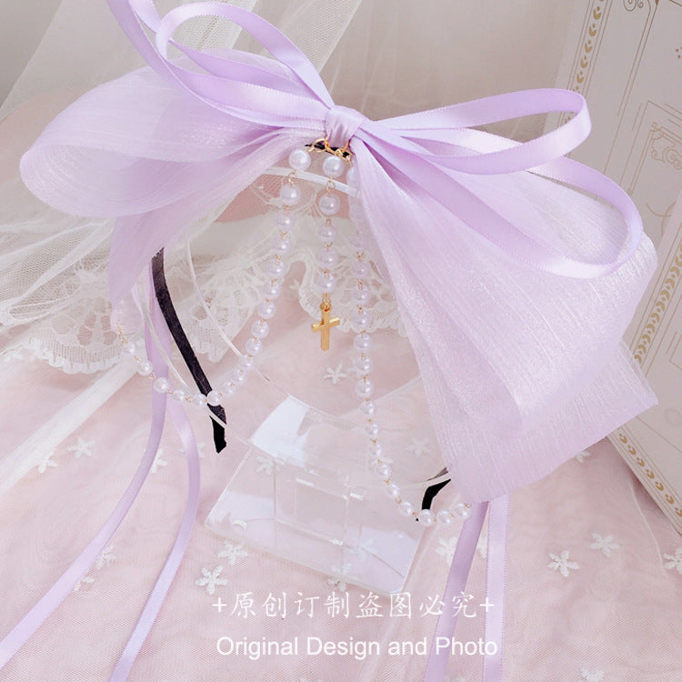 Original Handmade Lolita Double Layer Bow Ribbon Headband Lolita Pearl Cross Pendant Headband Hair Accessory