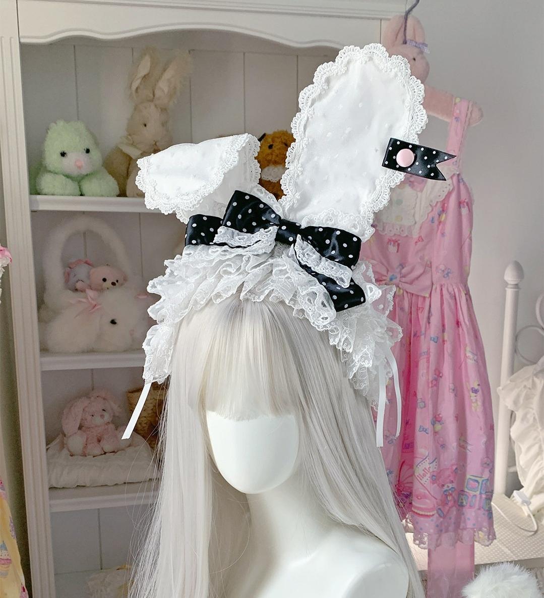 Roji Roji - Kawaii Lolita Bunny Ear Hairband - Polka Dot Bow Headwear