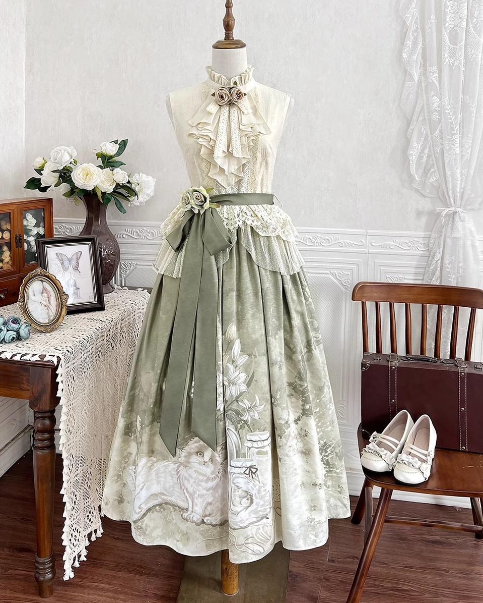 Designer's Gift - Morning Moments - Chinese-style skirt set with floral and cat prints - product detail 2