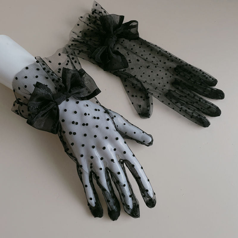 Black & White Two-tone Lace Polka Dot Gloves - Lolita Mesh Sleeves Cla Style Wedding Edition