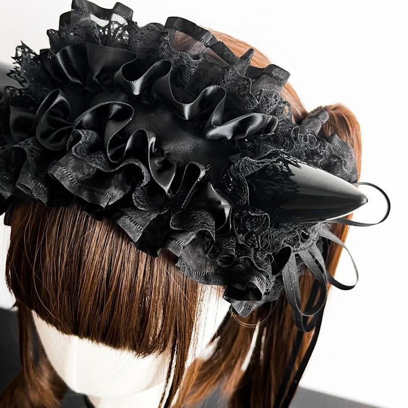 MAID - Devil Horn - Gothic Lolita Lace Hairband with Horns and Rose Accents - product detail 8