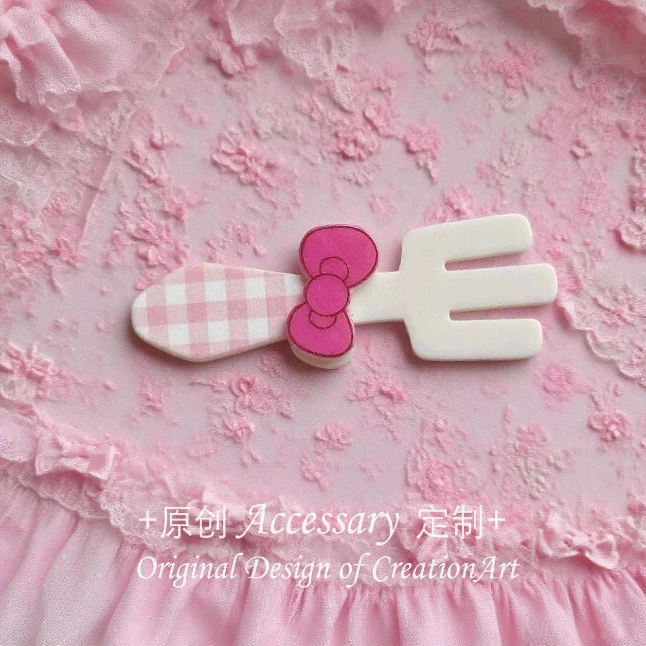 Yingluo handmade pink dessert knife fork hair clip in kawaii lolita style, cute headdress accessory for sweet girl fashion.