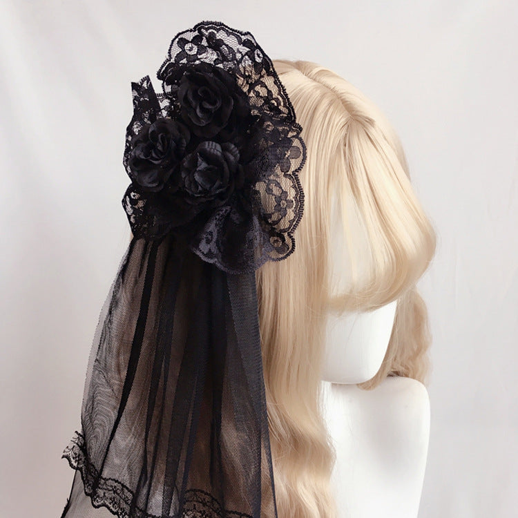 Japanese Lolita Hair Accessories Rose Hair Clip Lace Veil Side Clip Soft Girl Cute Lolita Bridal Veil