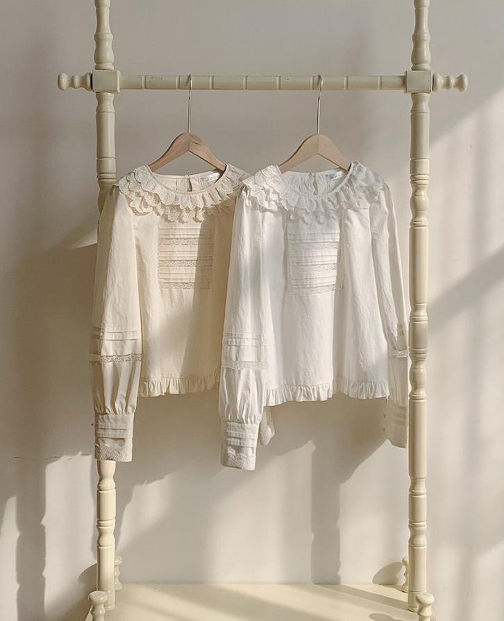 With PUJI - Jennie - Sweet Lolita Cotton Shirt, Ruffled Round Collar