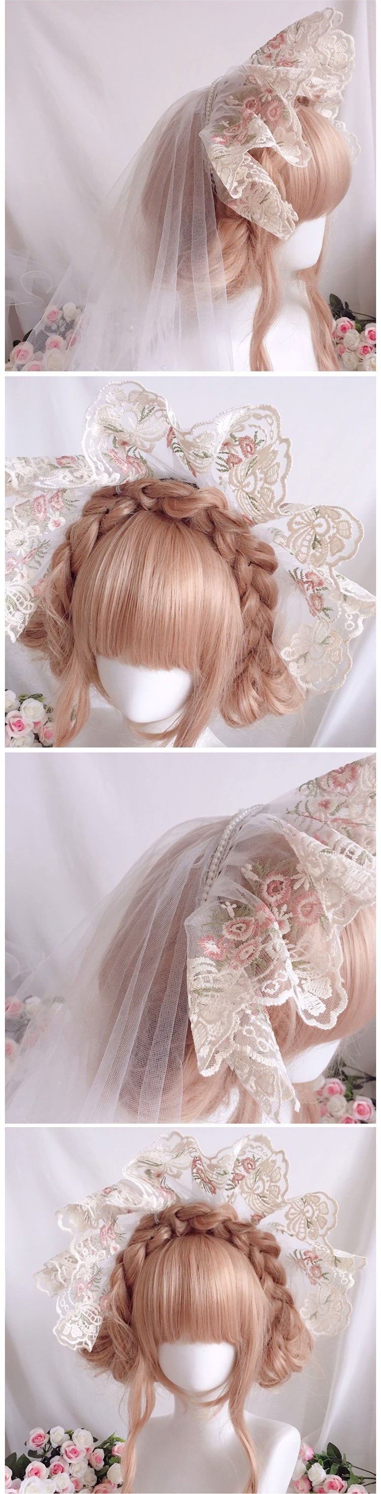 Embroidered Lace French Lolita Bonnet Headband - Vintage Lace Bnt Hat