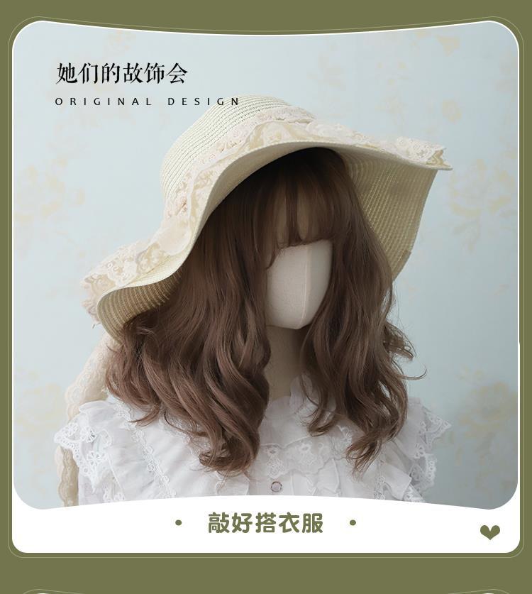 Handmade - Lolita Wide Brim Straw Hat - hat with lace trim, scalloped