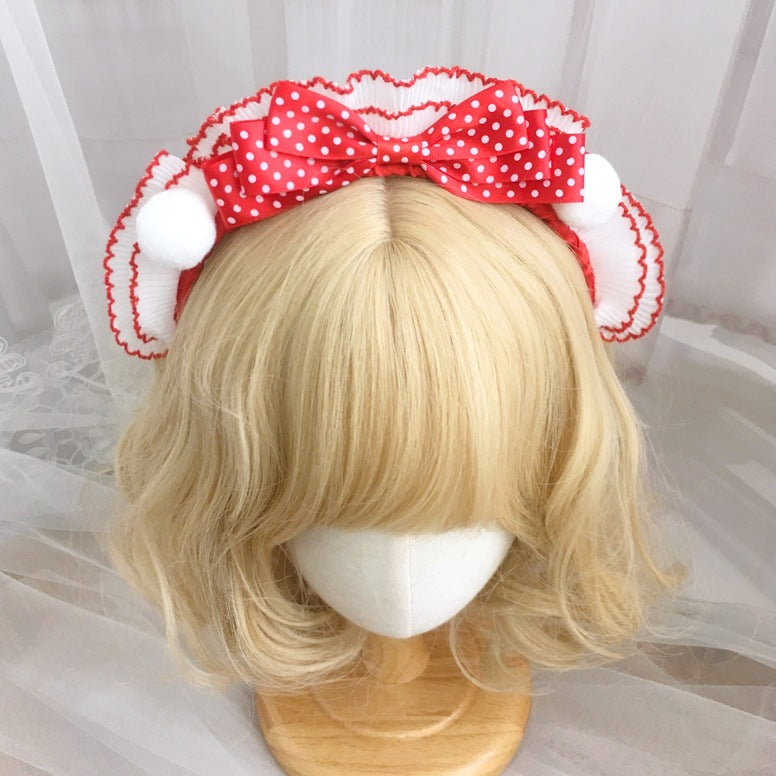 Subculture Cute Girl Lolita Red Polka Dot Small Snowball Bow Handmade New Year Christmas Headband