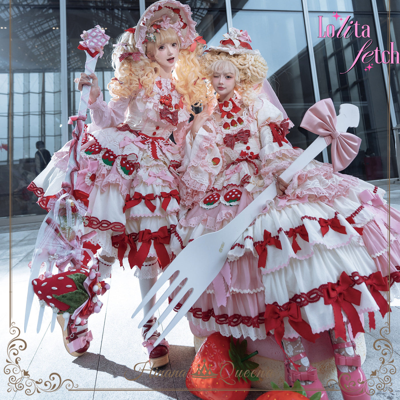 Lolita Fetch Strawberry Party Hinanaqueena wedding dress JSK and OP with floral details, perfect for elegant Lolita fashion.