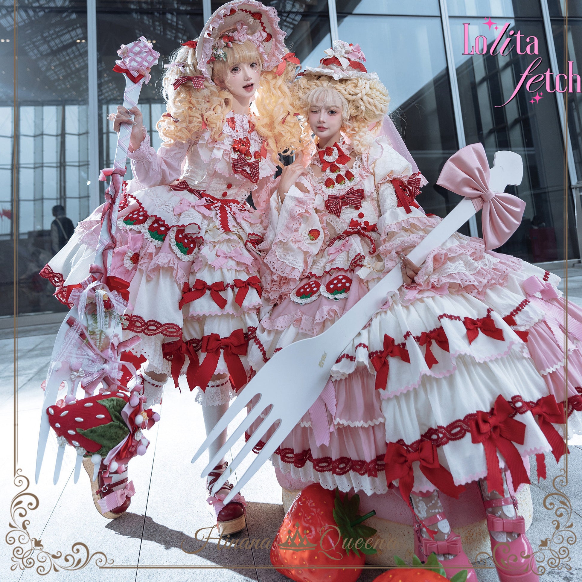 Lolita Fetch Strawberry Party Hinanaqueena wedding dress JSK and OP with floral details, perfect for elegant Lolita fashion.