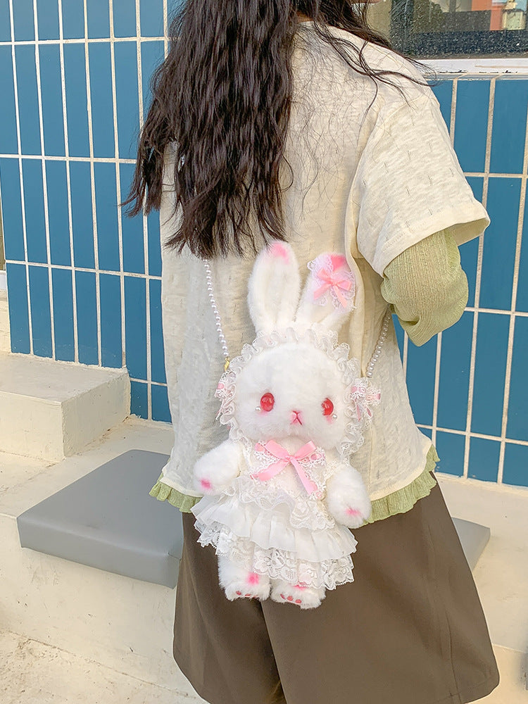Lop-Eared Bunny Lolita Pearl Chain Doll Bag – 2025 Cute Bow Plush Shoulder Bag