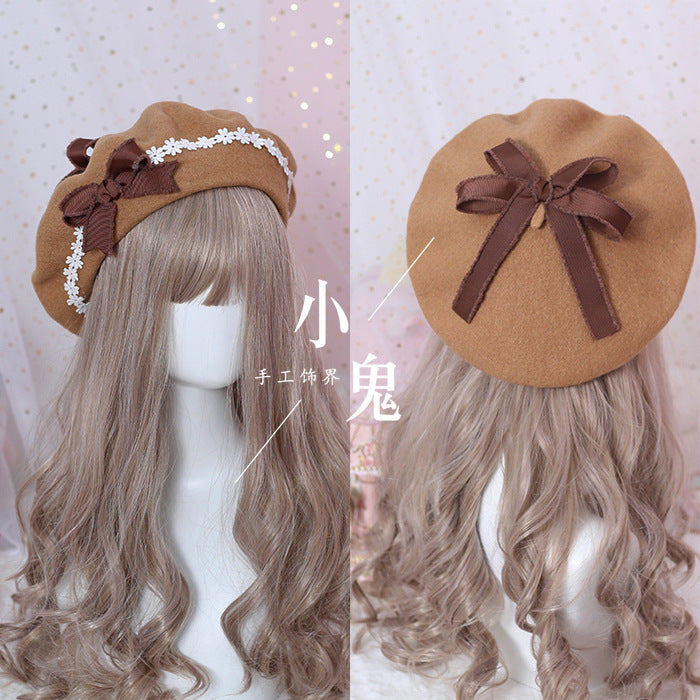 Lolita Pancake Beret - Sweet Cute Woolen Hat with Daisy Bow for Girls