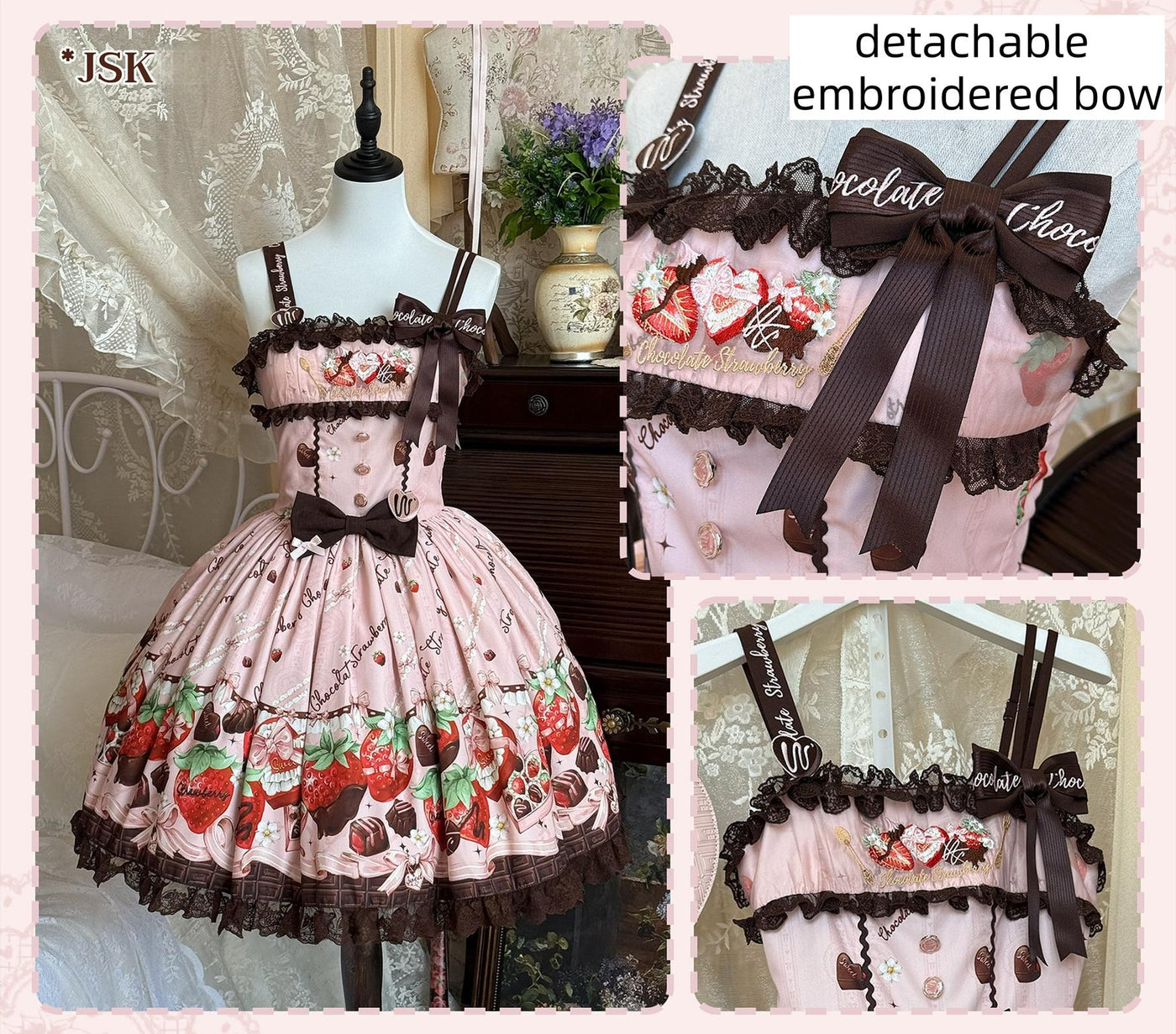 DreamWhale - Strawberry Chocolate Lovers - Kawaii Lolita Embroidered Printed Dress