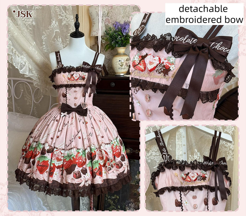 DreamWhale - Strawberry Chocolate Lovers - Kawaii Lolita Embroidered Printed Dress