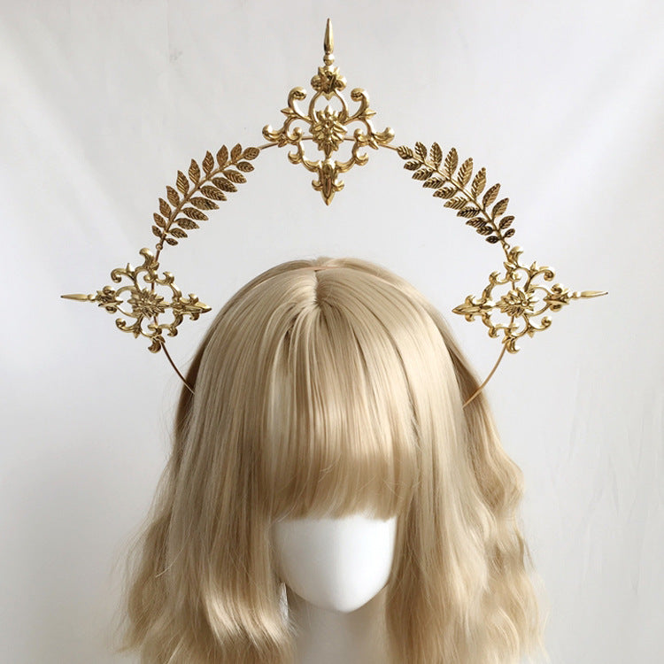 Lolita Virgin Mary Halo Headband Wheat Cross Feather Church Pope Gold Hair Accessory Catwalk Photo Prop - Lolita Fetch