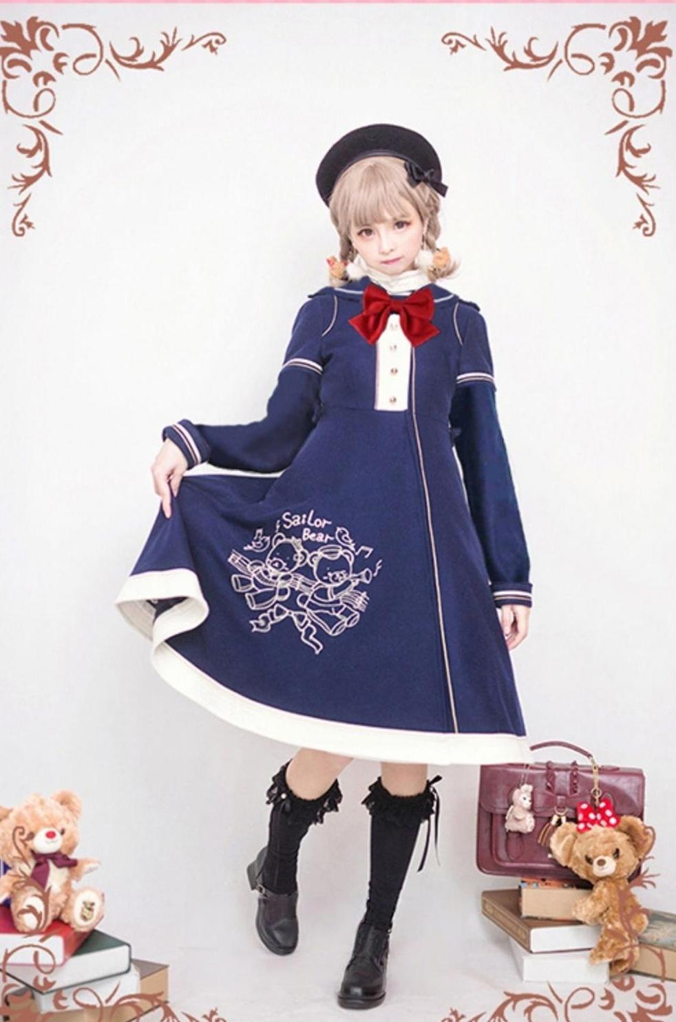 Strawberry Witch - Winter Kawaii Lolita Sailor Collar - Overcoat, Bear Embroidery Outerwear