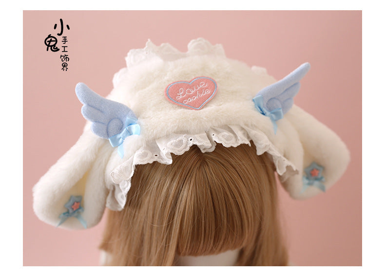 LolitaFetch plush bunny ear headband with angel wings, cute subculture Lolita accessory, featuring soft plush and whimsical design.