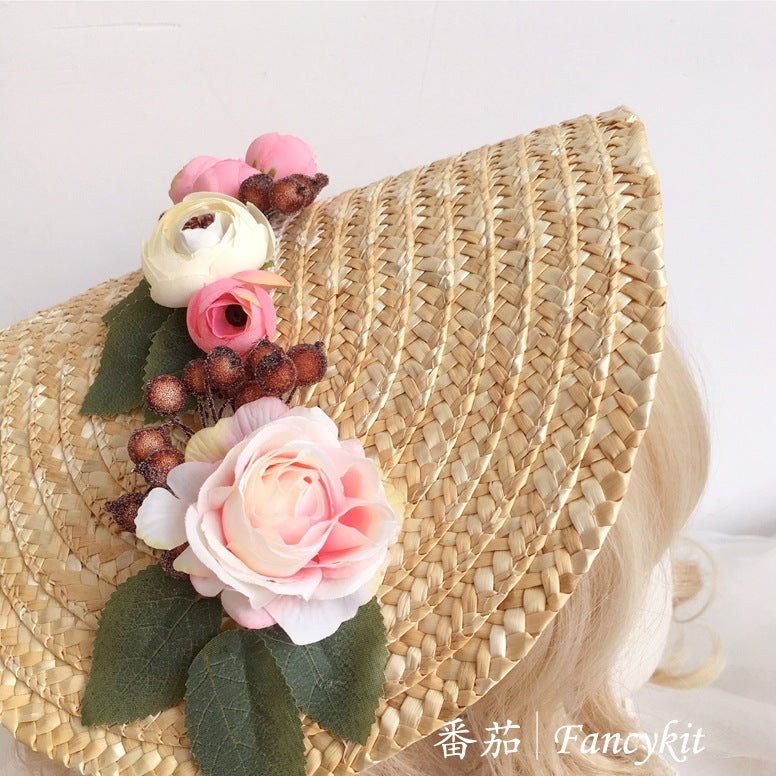 Handmade Straw Hat Flat Hat Lolita Handmade Tea Party Pastoral Bonnet