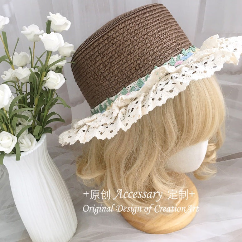French Lolita Lace Trim Straw Hat for Women Summer Wide Brim Flat Top Sun Hat Beach Sunshade