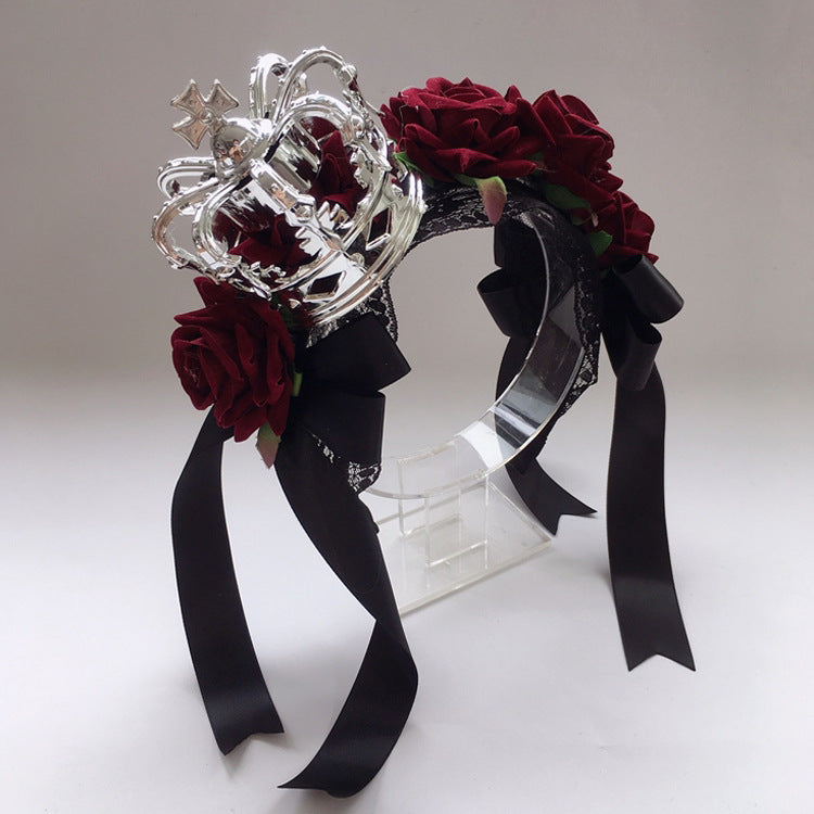 Christmas Gothic Crown Red Rose Headband Lolita Ribbon Hair Accessory Vintage Festival Party Veil Accessory