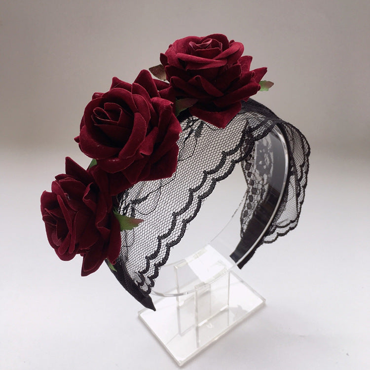 Christmas Gothic Crown Red Rose Headband Lolita Ribbon Hair Accessory Vintage Festival Party Veil Accessory