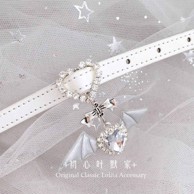 Lolita Subculture Leather Choker Collar & Bracelet - Angel Little Devil Heart with Rhinestone Bowknot