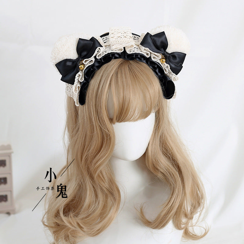 Handmade Lolita Bear Ear Bow Lace Headband featuring cute bear ears and lace details, perfect as a stylish hair accessory.