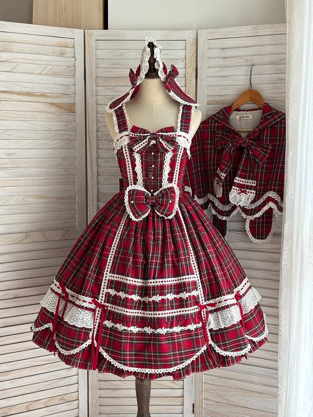 Plaid Petal Bunny - Old School Lolita Plaid JSK Dress, Side Pockets Red-plaid XS