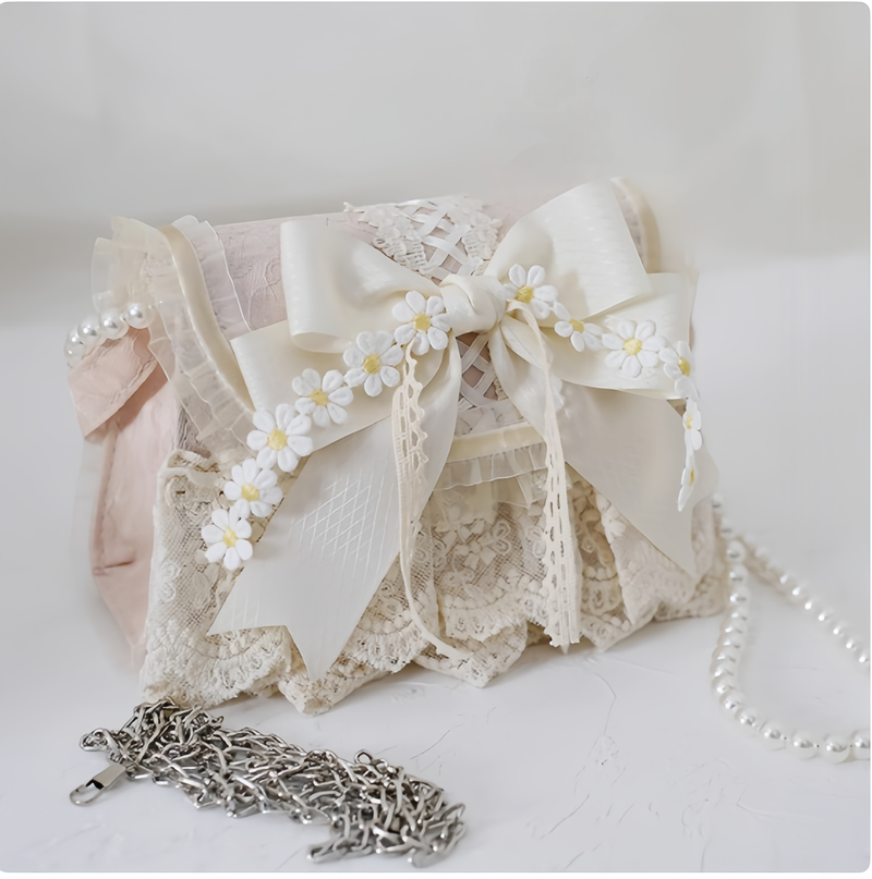 Xiaogui - Elegant Lolita Bag Daisy Pearl Chain Lace Handbag Daisy handbag (metal chain+portable chain)