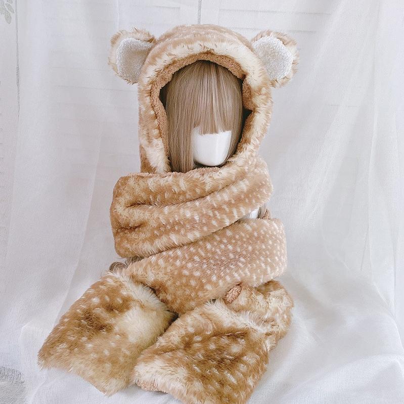 Xiaogui - Winter Kawaii Lolita Hat Antler - Plush 3-in-1 Set Headwear