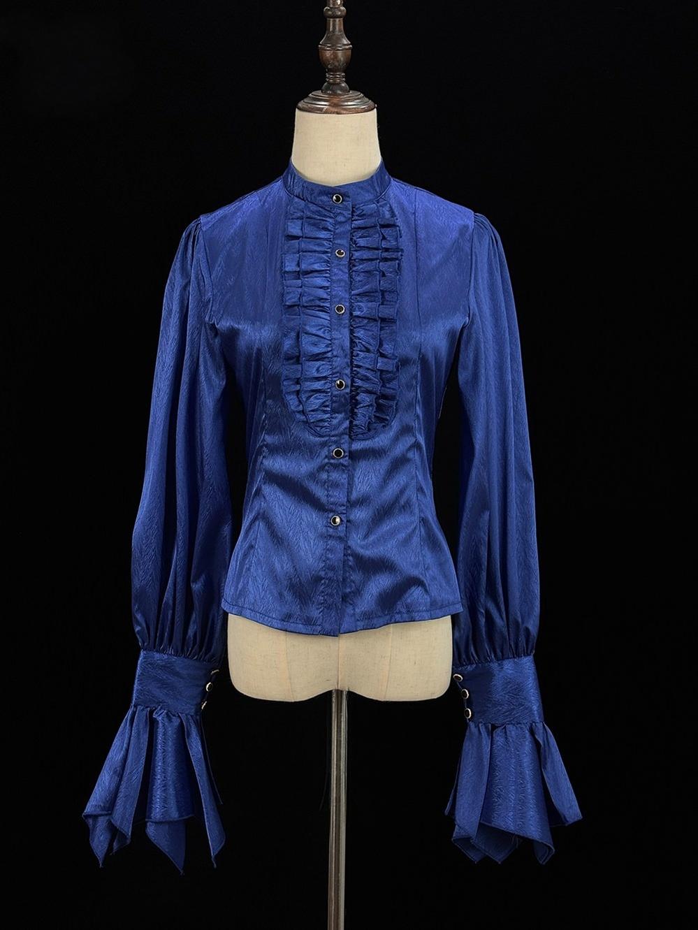 Moonnight Return - Stand Collar Ouji Lolita Shirt, Irregular Cuffs Blue XS