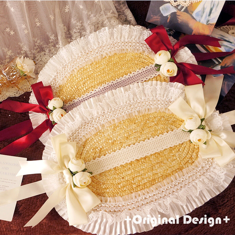 Fanmao Lolita French Flat Bonnet - Multi-color Pastoral Style Women's Summer Straw Hat