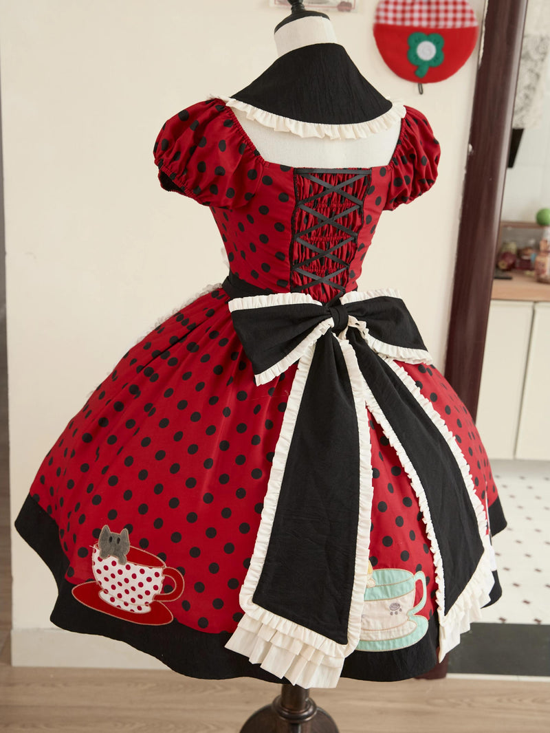 Piggy Bun - Teacup Meow - Old School Lolita cat-ear hat, paw gloves and black cat apron options with polka dots - product detail 6