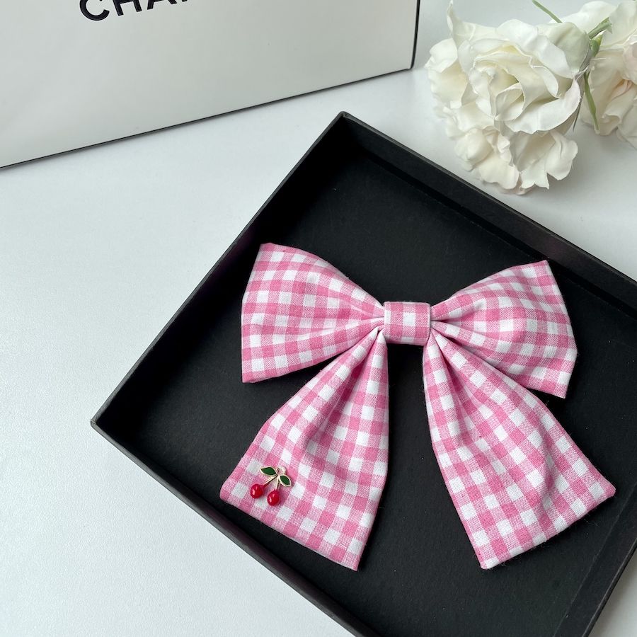 Handmade - Cherry Gingham Bow - Stainless-Steel Brooch - detail view 6