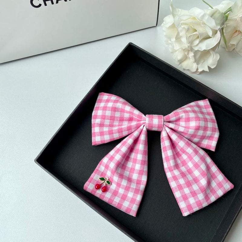 Handmade - Cherry Gingham Bow - Stainless-Steel Brooch - detail view 6
