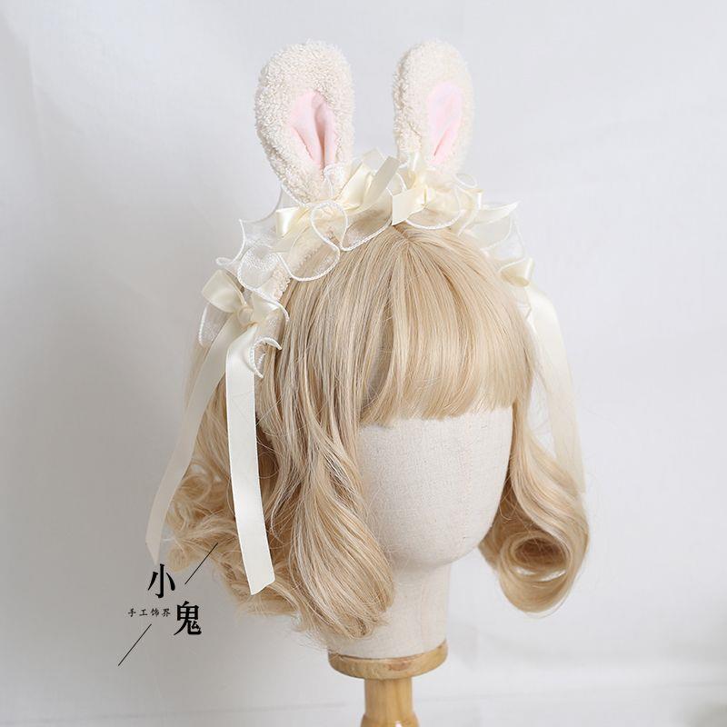 Lolita Handmade Ribbon Bunny KC Sweet Cute Bowknot Bunny Ear Headband Lolita Ruffled Hair Accessory Headwear