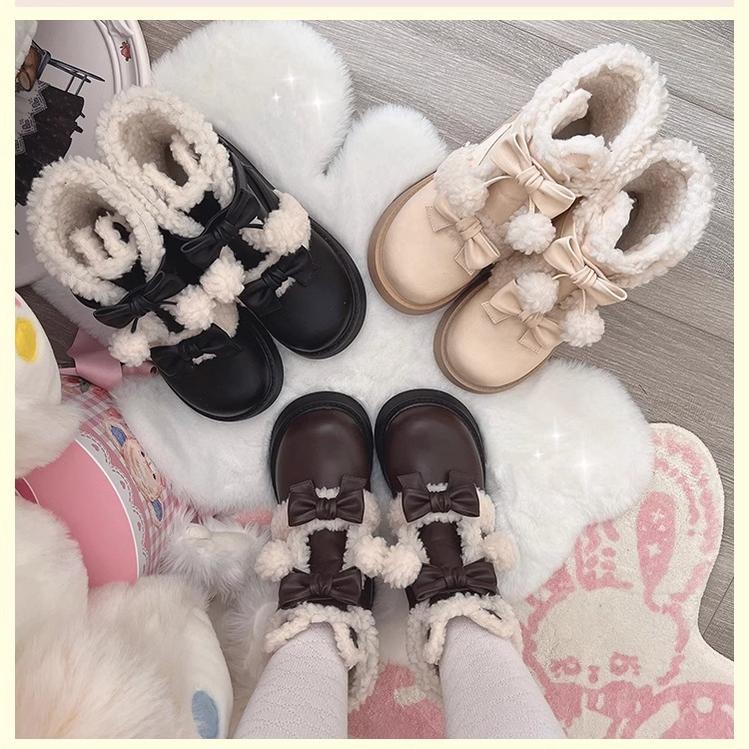 beauty bunny - Furry Bear - Winter Snow Boots with Plush Lining and Bow Pom-Poms - product detail 2