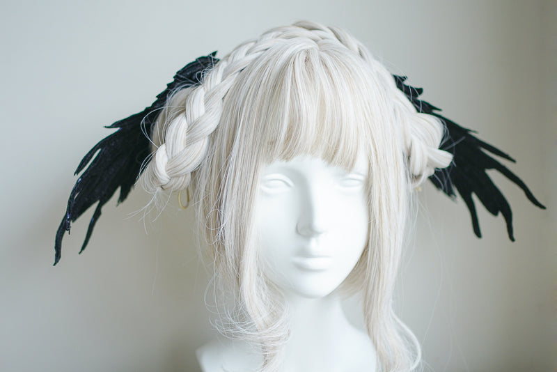 Black and white embroidered angel wings lolita feather hair clip headdress with two-tone design from LolitaFetch.