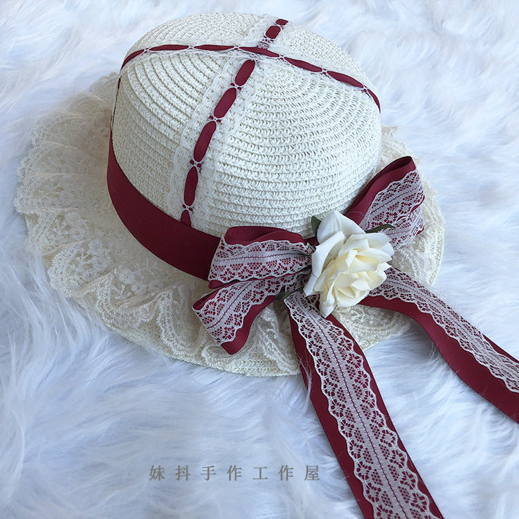 Multicolor LolitaFetch straw sunshade hat with lace and ribbon details, flat top design, perfect for soft girl fashion style.