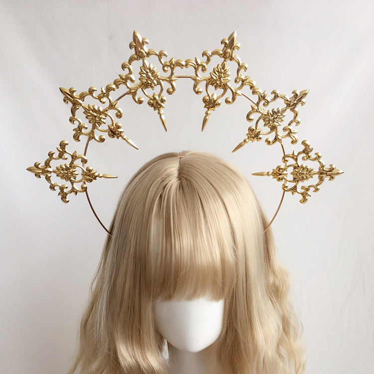 Lolita Virgin Mary Halo Headband Wheat Cross Feather Church Pope Gold Hair Accessory Catwalk Photo Prop - Lolita Fetch