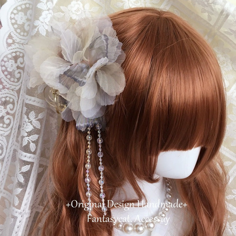 Gothic Lolita Dark Retro Lace Veil Flower Hair Clip Ins Wasteland Style Punk Large Claw Clip Hair Accessory