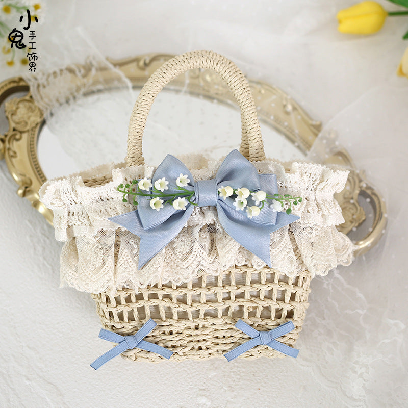 Original Lolita Mori Style Lily of the Valley Lace Beach Pastoral Straw Bag Rattan Bag Handheld Woven Bag Crossbody Bag