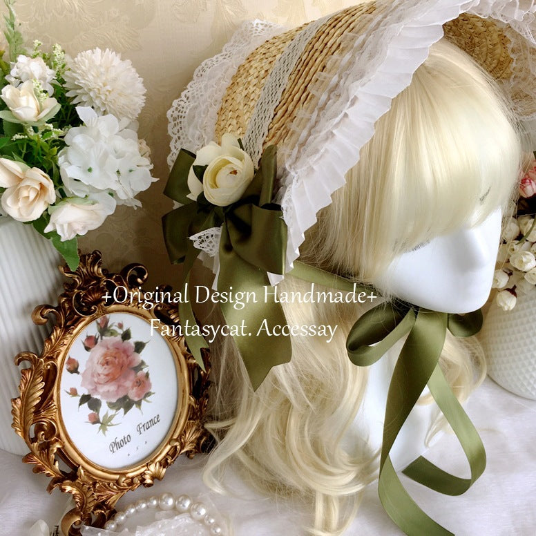 Fanmao Lolita French Flat Bonnet - Multi-color Pastoral Style Women's Summer Straw Hat