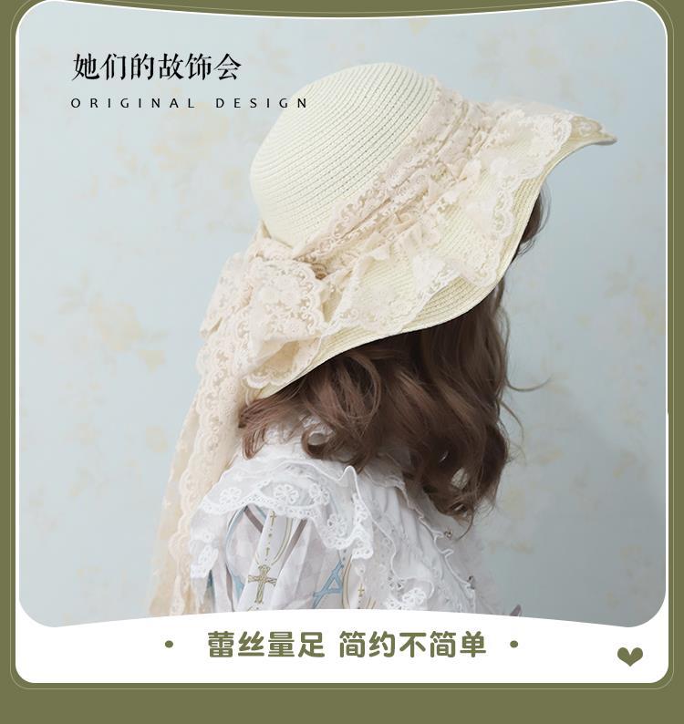 Handmade - Lolita Wide Brim Straw Hat - hat with lace trim, scalloped