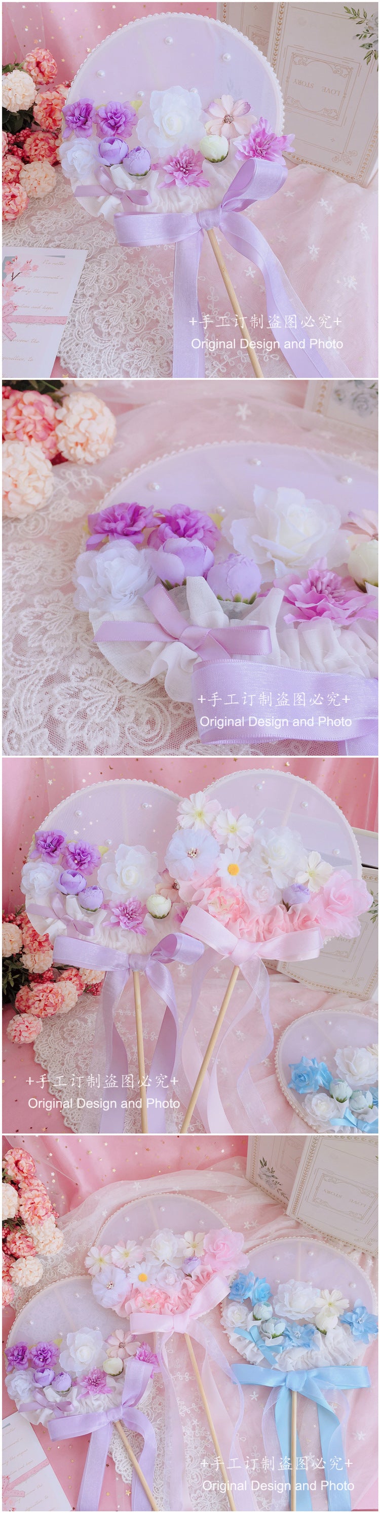 Handmade Blue Sakura Lolita Round Fan Wand with long handle, featuring floral design, perfect for Lolita fashion accessories.